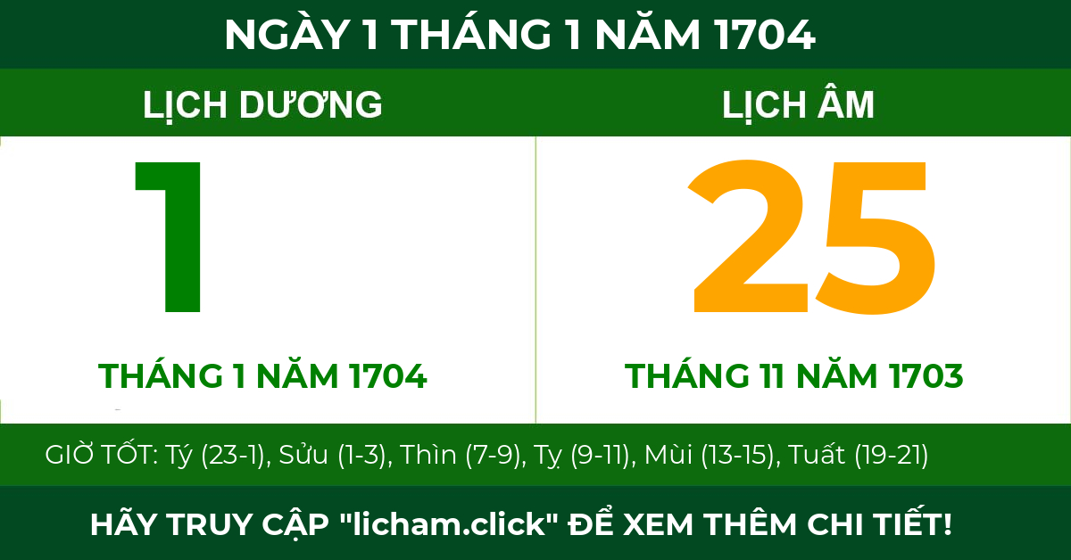 lịch âm ngày 1 tháng 1 năm 1704