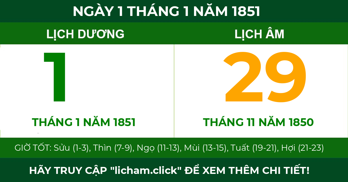 lịch âm ngày 1 tháng 1 năm 1851