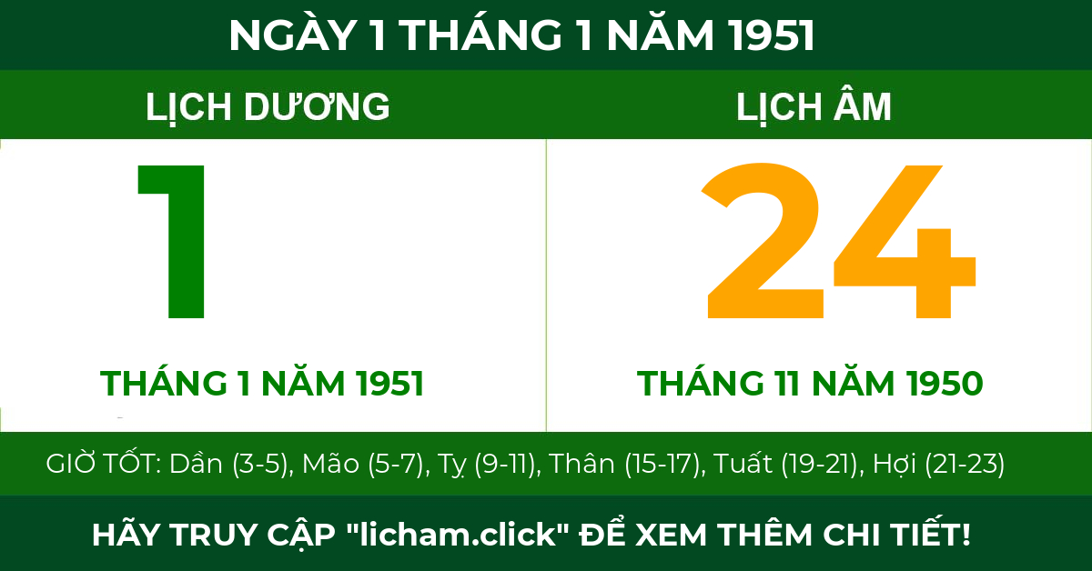 lịch âm ngày 1 tháng 1 năm 1951