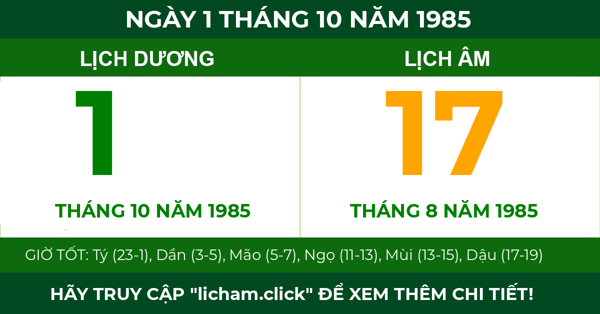 lịch âm ngày 1 tháng 10 năm 1985
