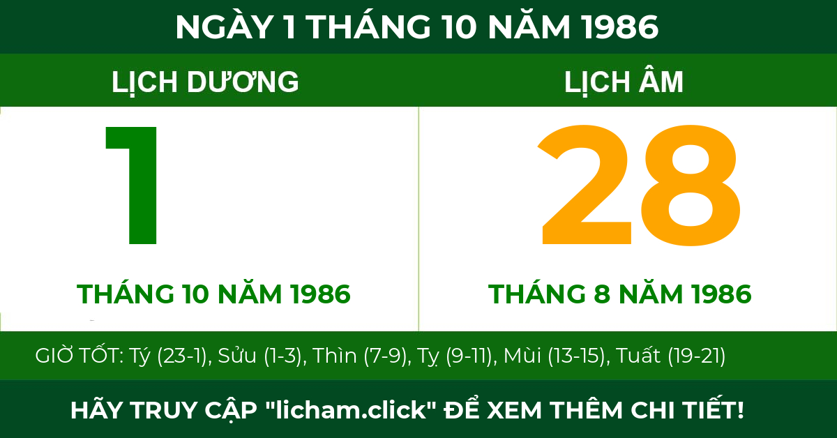 lịch âm ngày 1 tháng 10 năm 1986