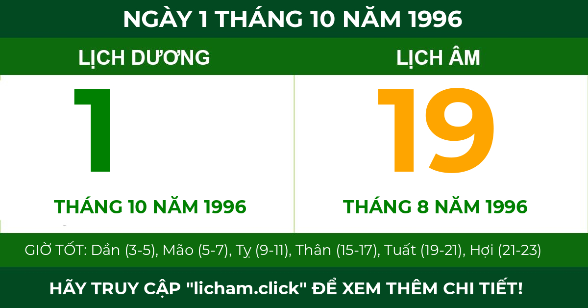 lịch âm ngày 1 tháng 10 năm 1996