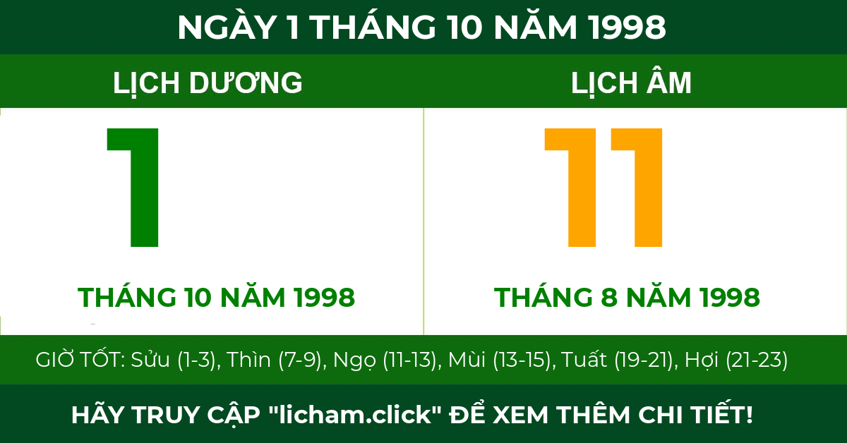 lịch âm ngày 1 tháng 10 năm 1998