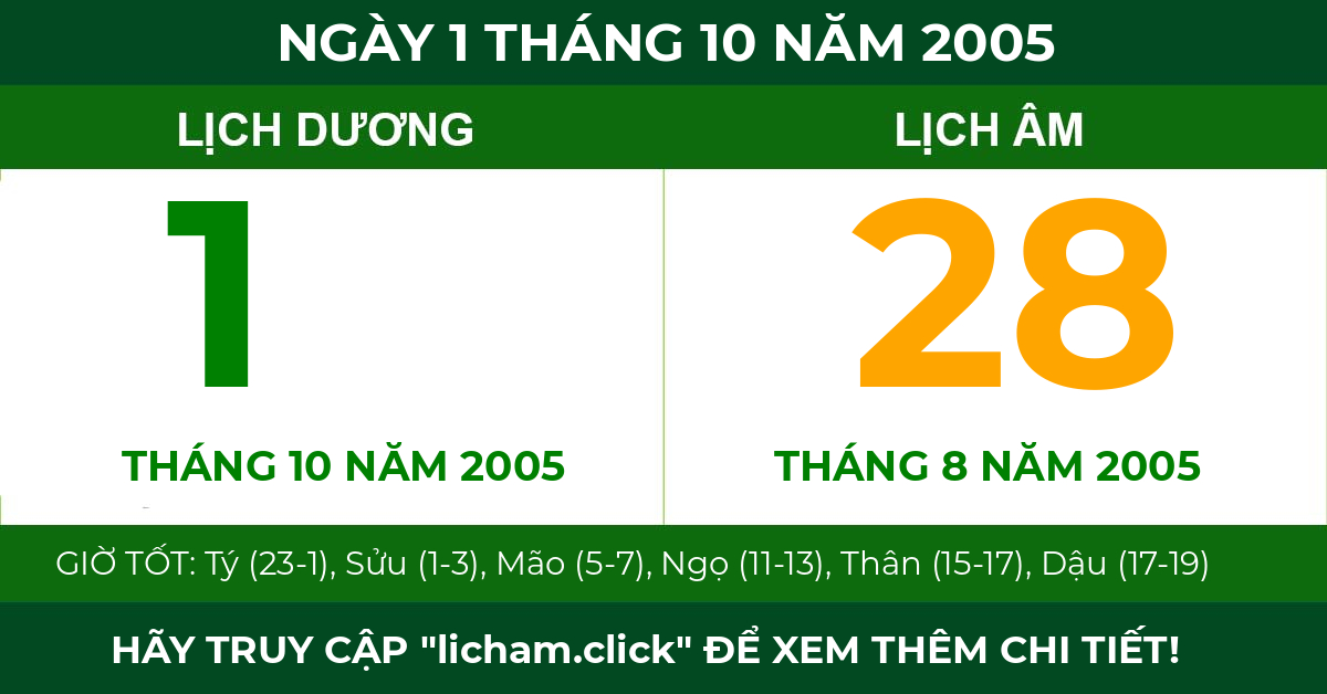 lịch âm ngày 1 tháng 10 năm 2005