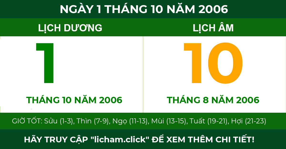 lịch âm ngày 1 tháng 10 năm 2006