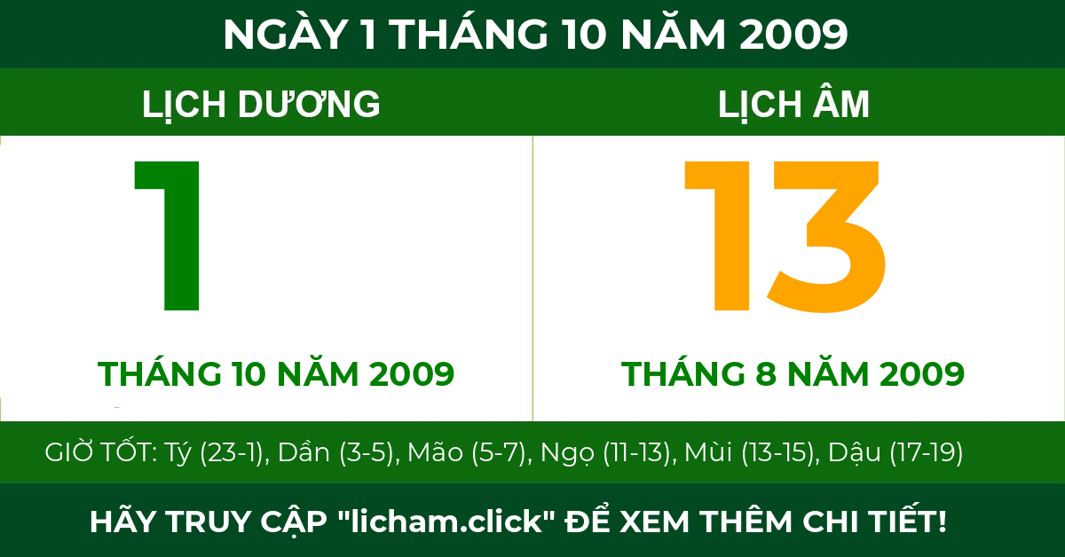 lịch âm ngày 1 tháng 10 năm 2009