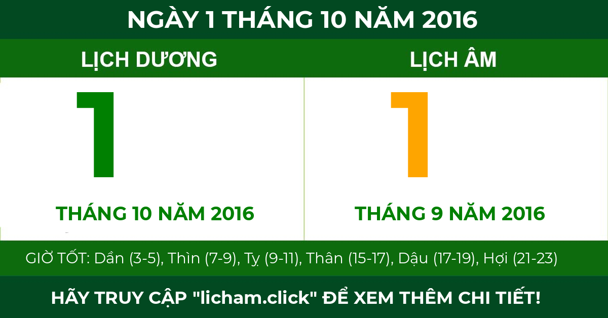 lịch âm ngày 1 tháng 10 năm 2016