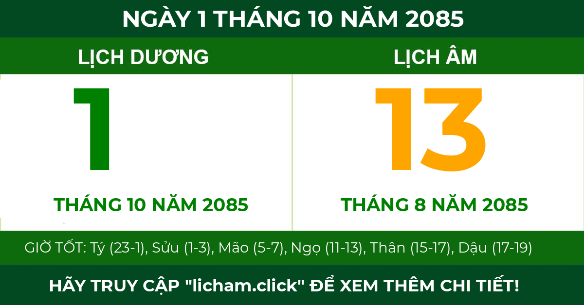 lịch âm ngày 1 tháng 10 năm 2085