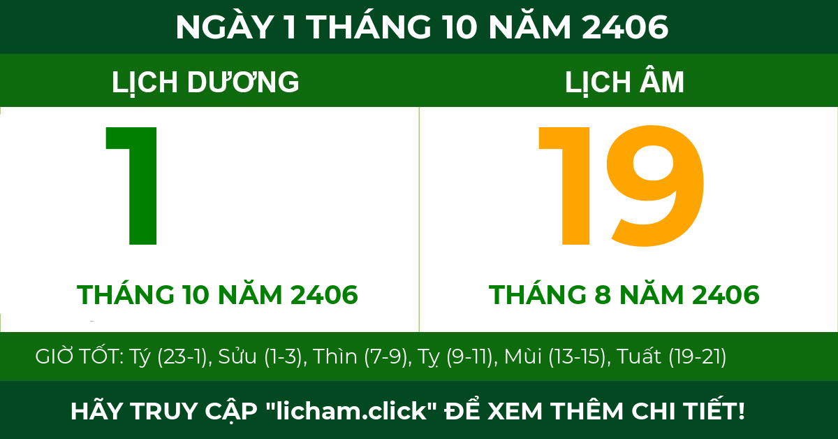 lịch âm ngày 1 tháng 10 năm 2406