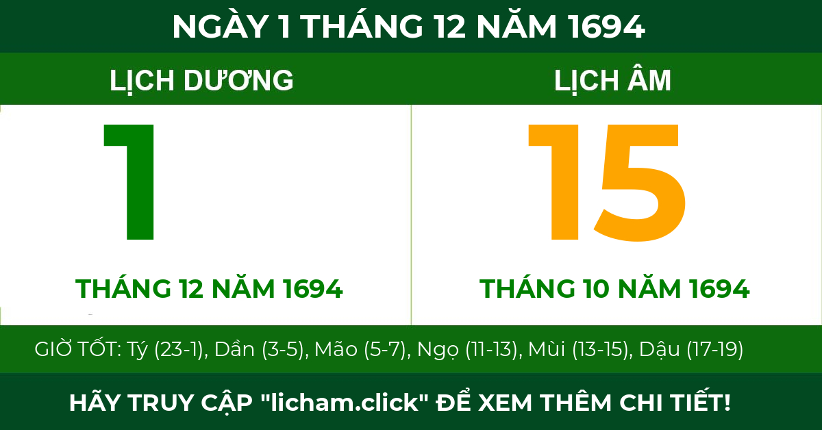 lịch âm ngày 1 tháng 12 năm 1694