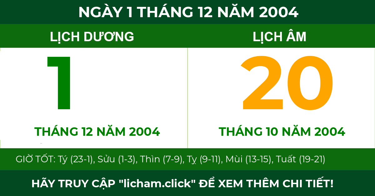 lịch âm ngày 1 tháng 12 năm 2004