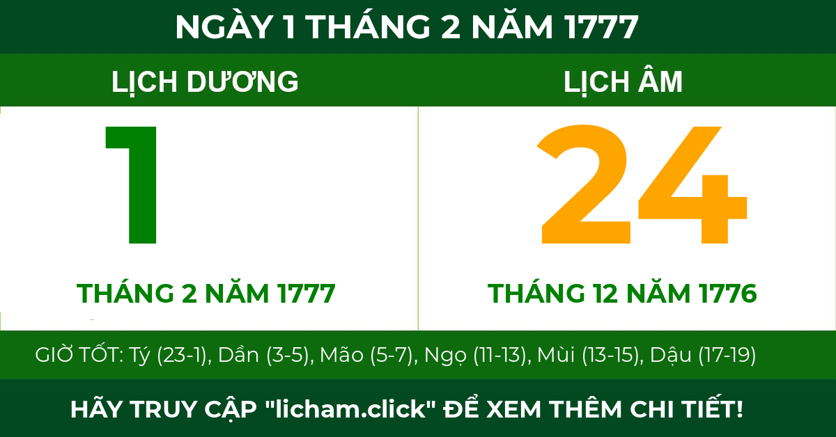 lịch âm ngày 1 tháng 2 năm 1777