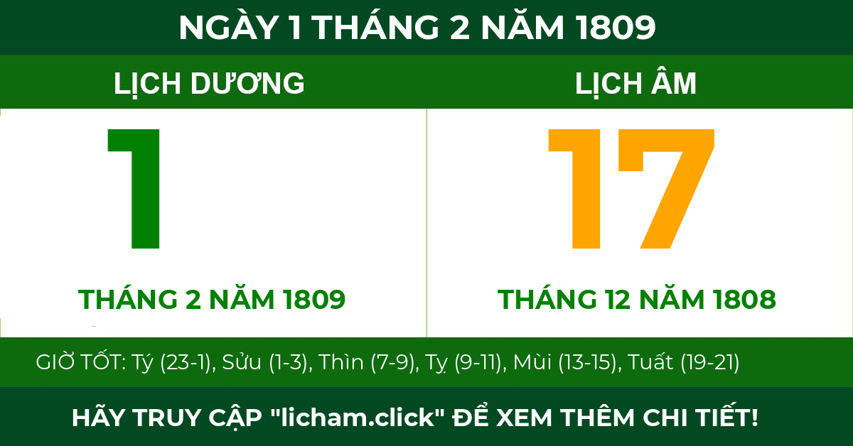 lịch âm ngày 1 tháng 2 năm 1809