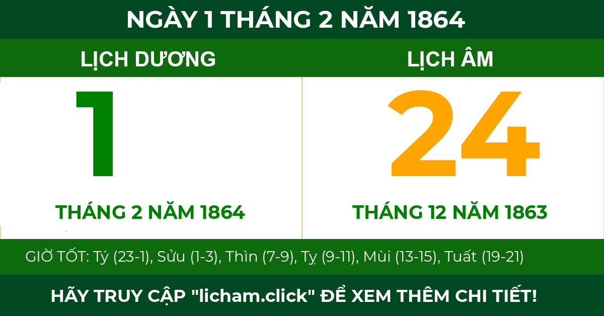 lịch âm ngày 1 tháng 2 năm 1864