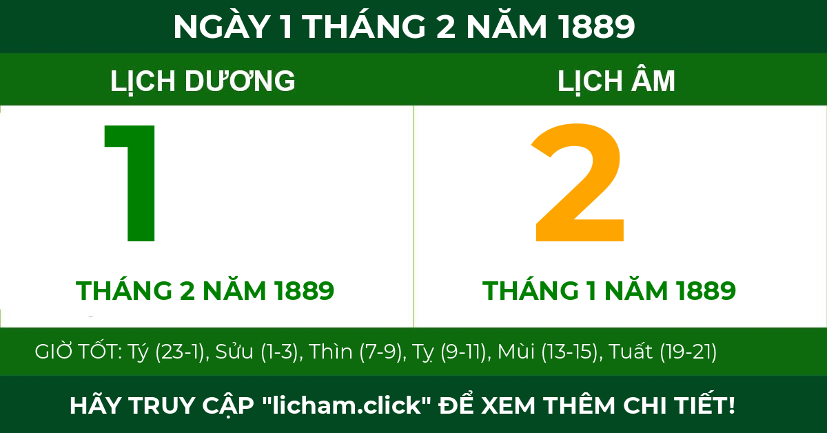 lịch âm ngày 1 tháng 2 năm 1889