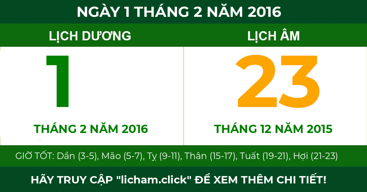 lịch âm ngày 1 tháng 2 năm 2016