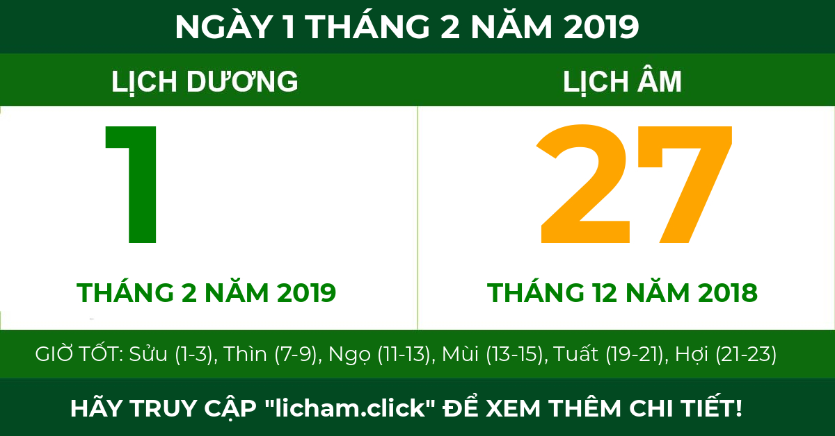 lịch âm ngày 1 tháng 2 năm 2019