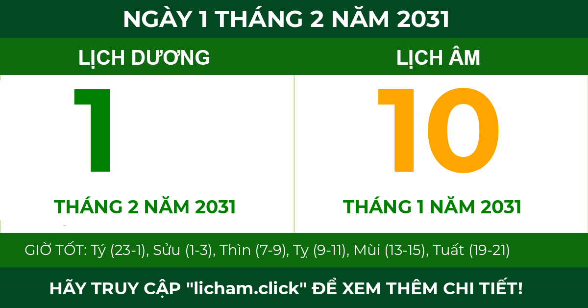 lịch âm ngày 1 tháng 2 năm 2031