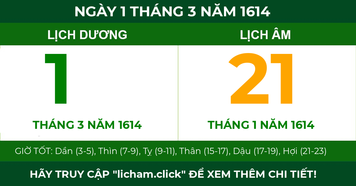 lịch âm ngày 1 tháng 3 năm 1614