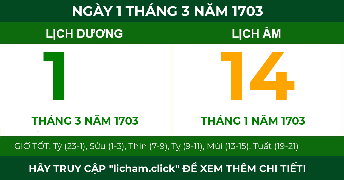 lịch âm ngày 1 tháng 3 năm 1703