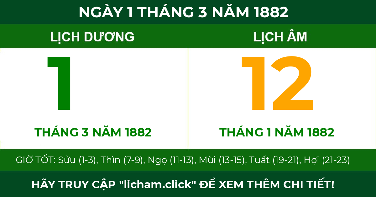 lịch âm ngày 1 tháng 3 năm 1882