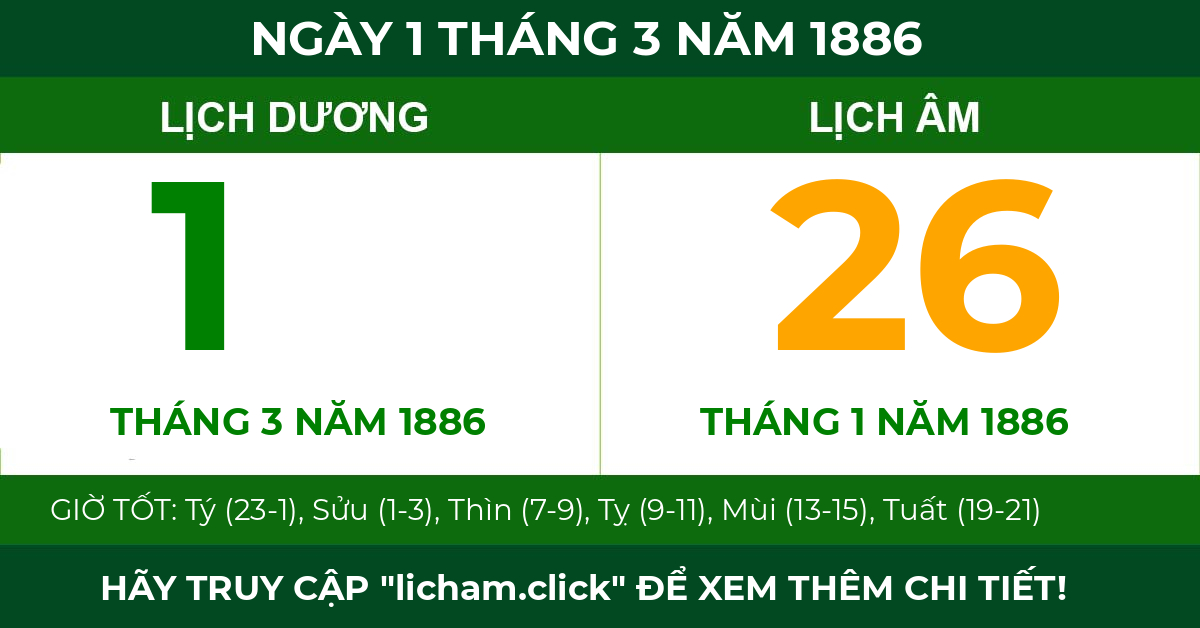 lịch âm ngày 1 tháng 3 năm 1886