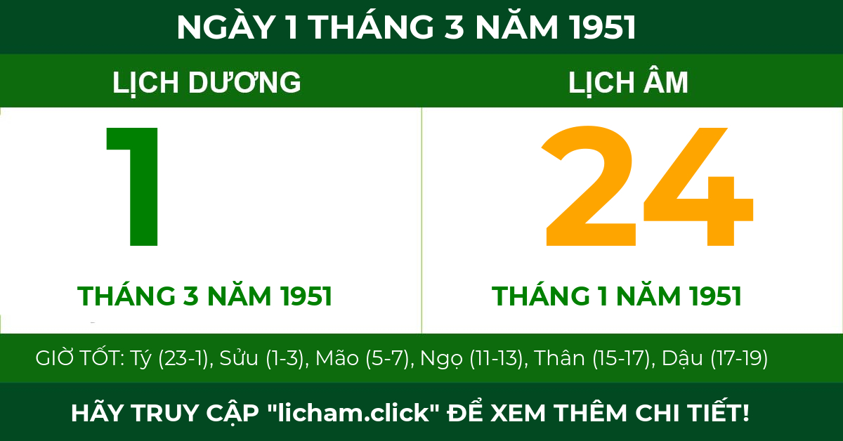 lịch âm ngày 1 tháng 3 năm 1951