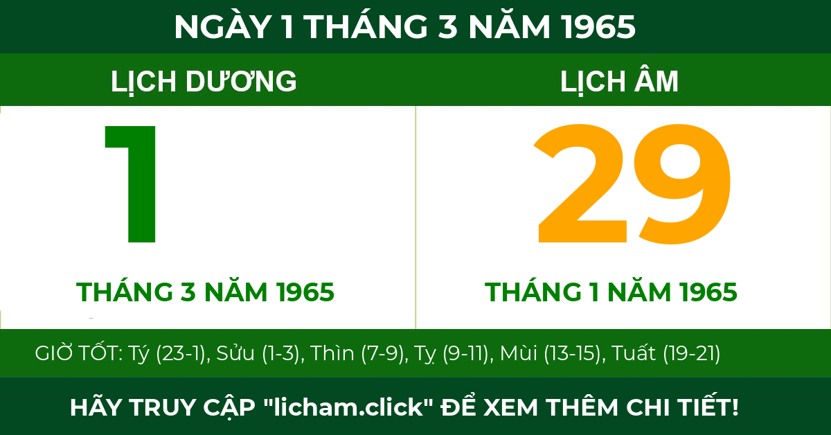 lịch âm ngày 1 tháng 3 năm 1965
