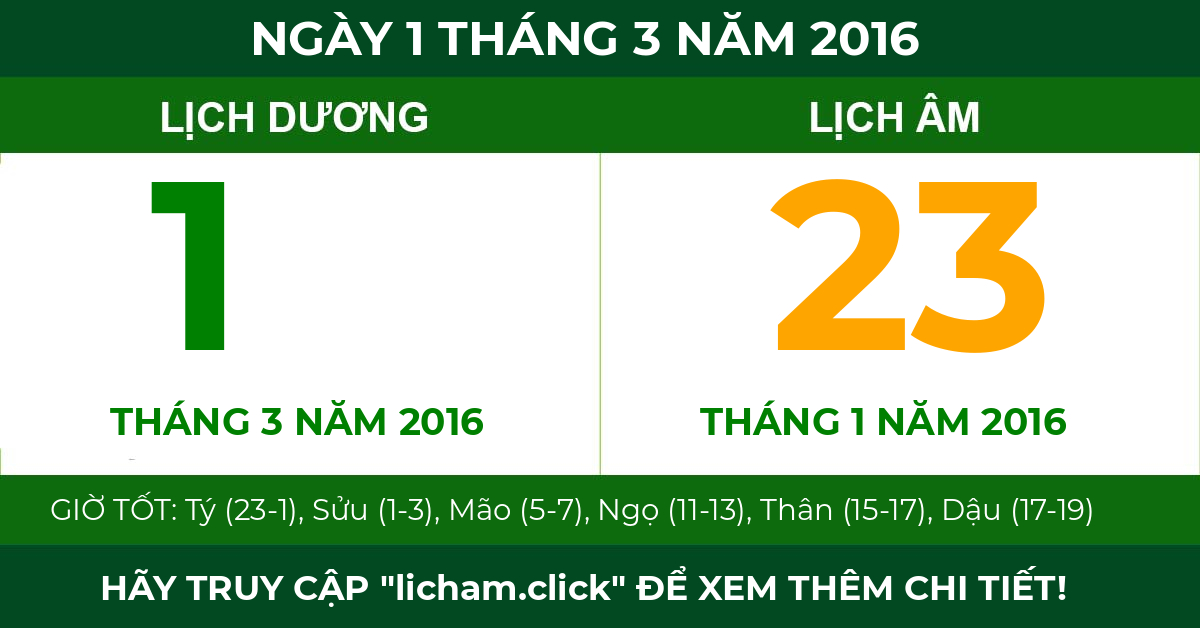 lịch âm ngày 1 tháng 3 năm 2016