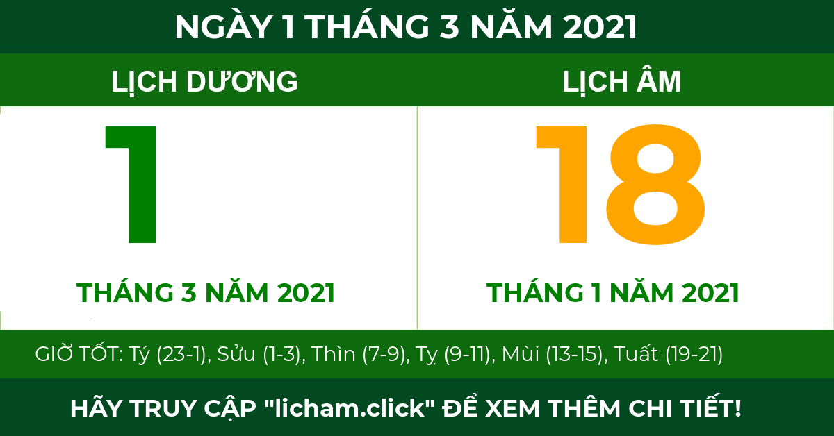 lịch âm ngày 1 tháng 3 năm 2021