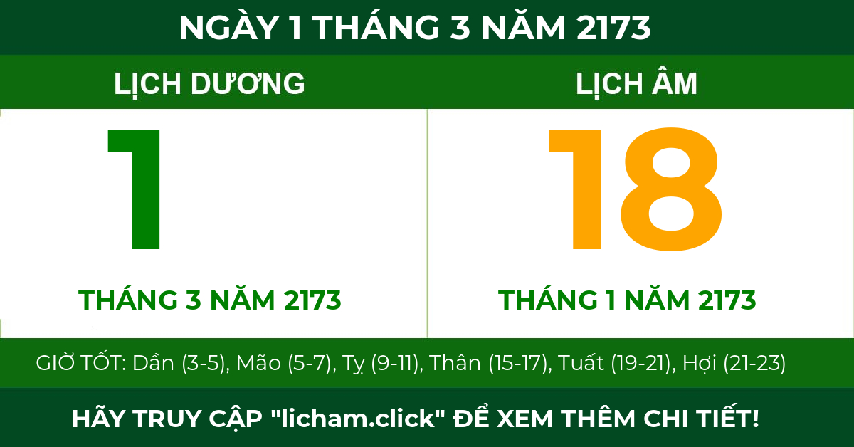 lịch âm ngày 1 tháng 3 năm 2173