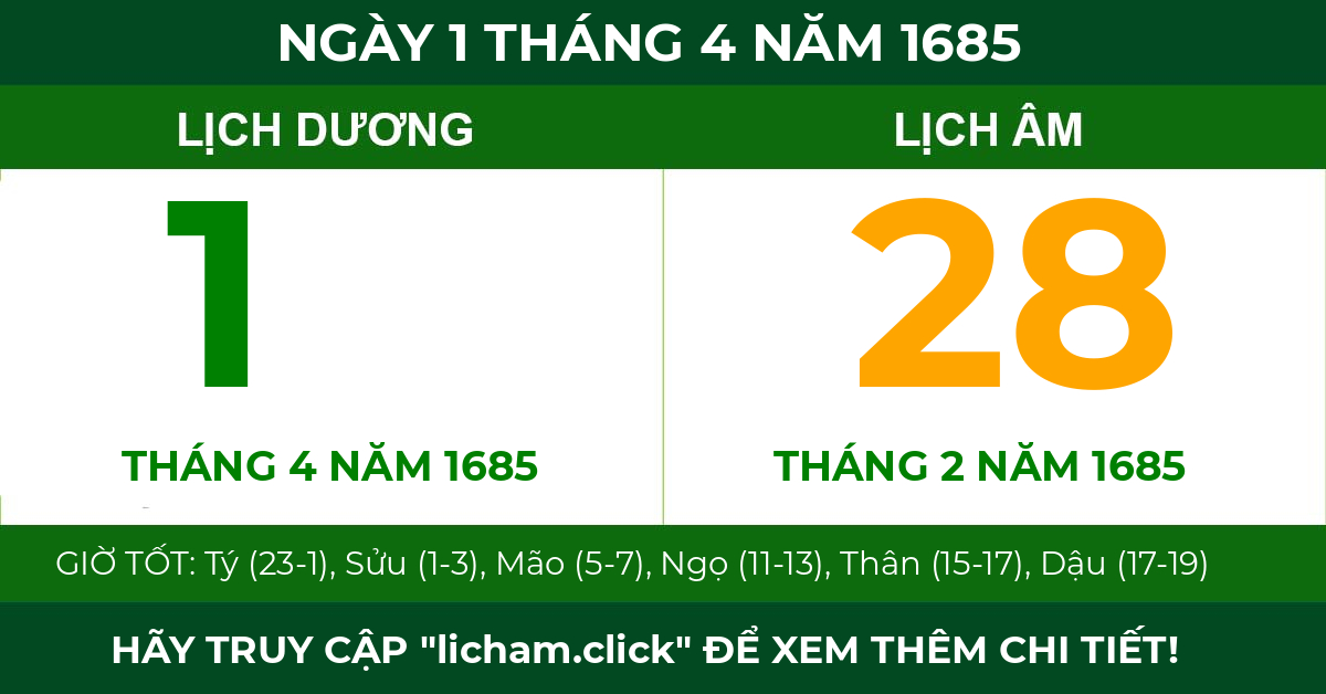 lịch âm ngày 1 tháng 4 năm 1685