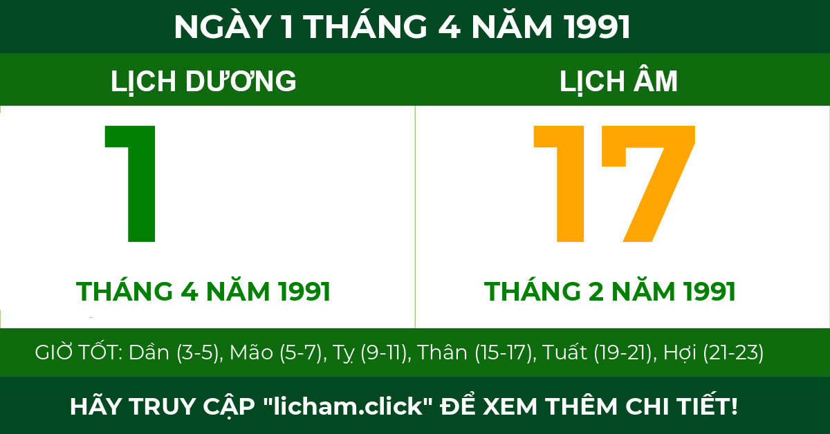 lịch âm ngày 1 tháng 4 năm 1991