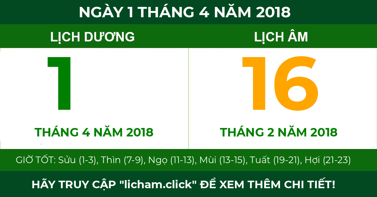 lịch âm ngày 1 tháng 4 năm 2018