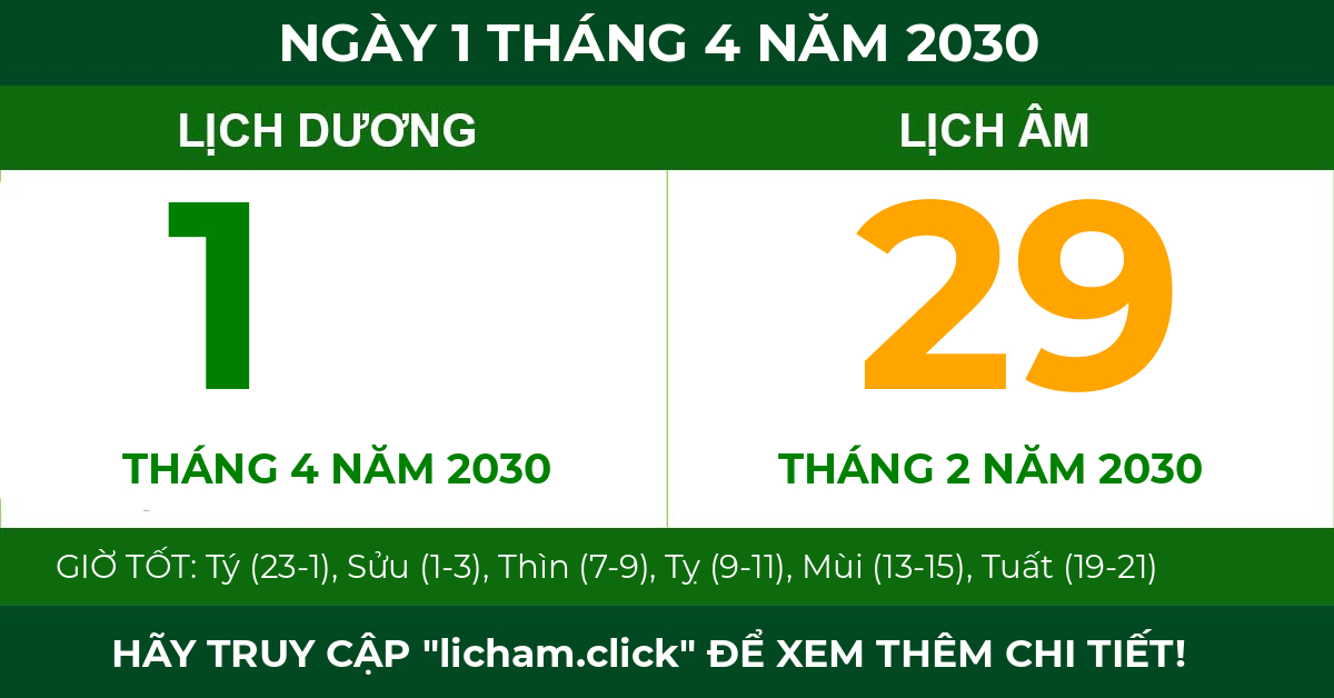lịch âm ngày 1 tháng 4 năm 2030