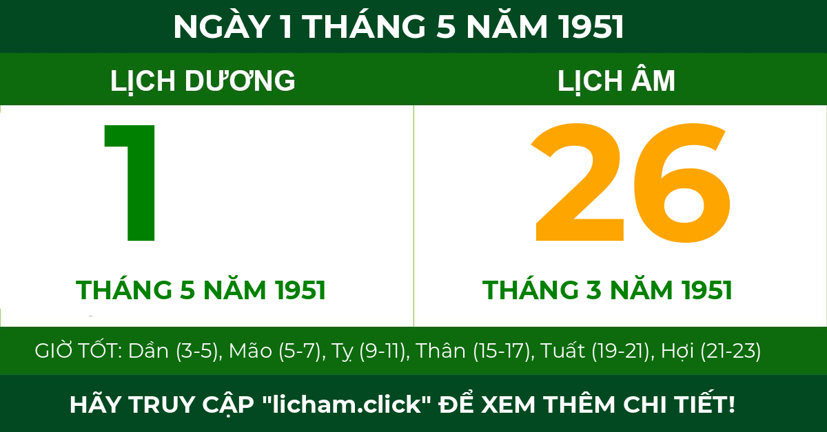 lịch âm ngày 1 tháng 5 năm 1951