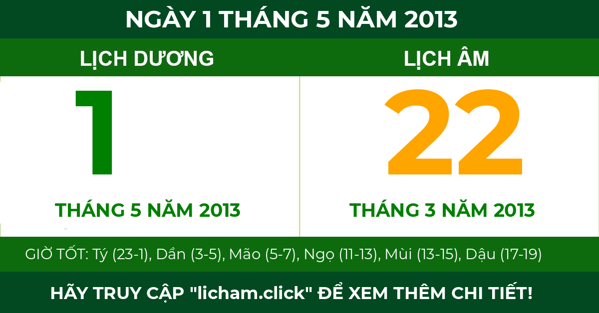 lịch âm ngày 1 tháng 5 năm 2013