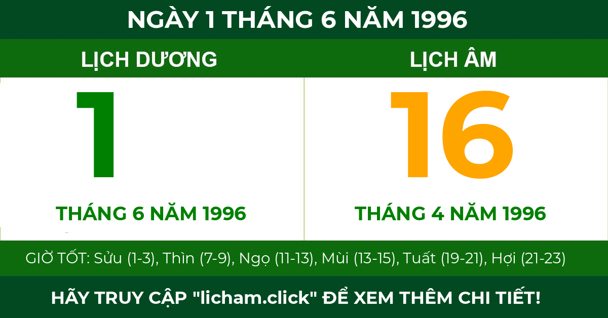 lịch âm ngày 1 tháng 6 năm 1996