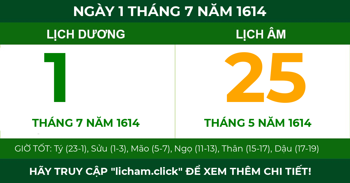 lịch âm ngày 1 tháng 7 năm 1614