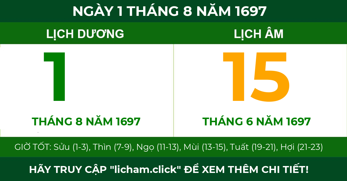 lịch âm ngày 1 tháng 8 năm 1697