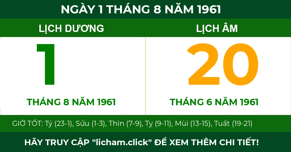 lịch âm ngày 1 tháng 8 năm 1961