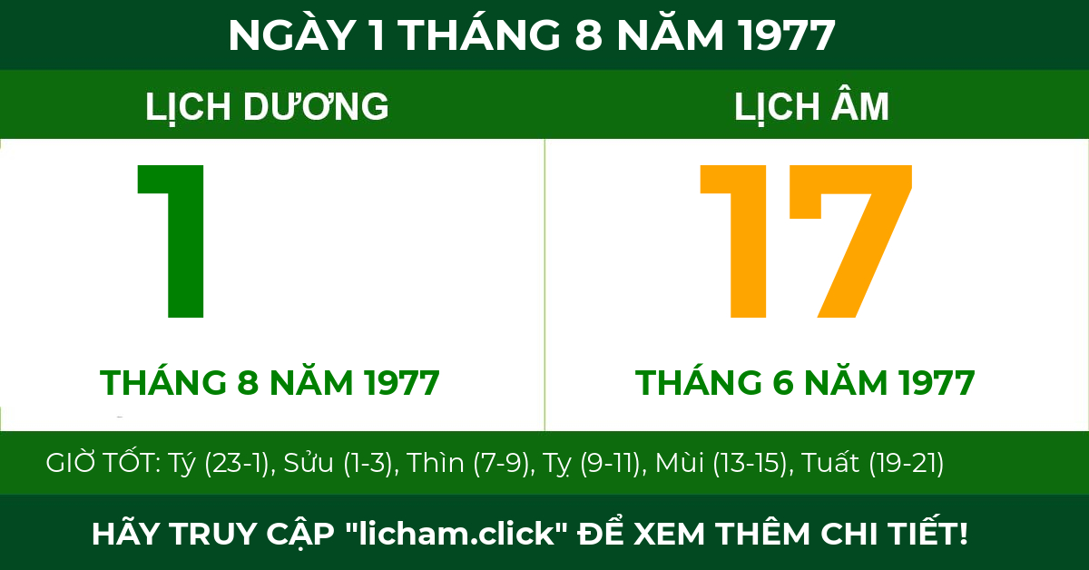 lịch âm ngày 1 tháng 8 năm 1977