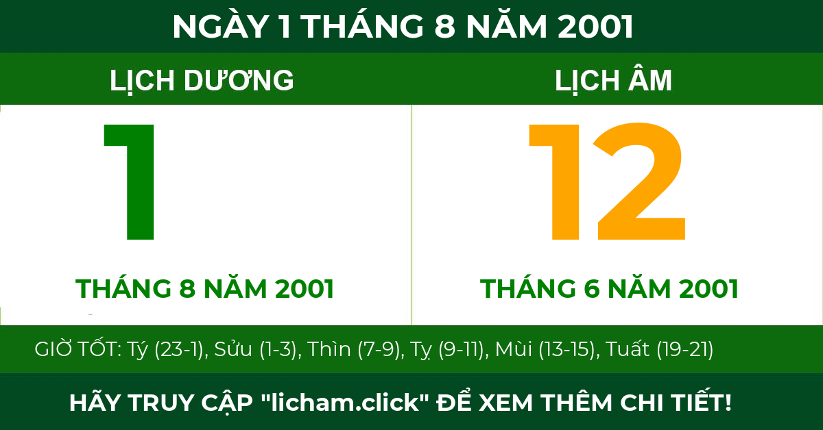 lịch âm ngày 1 tháng 8 năm 2001