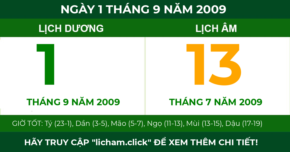 lịch âm ngày 1 tháng 9 năm 2009