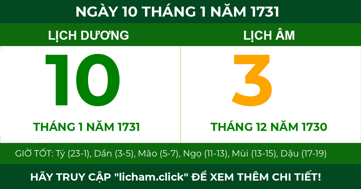 lịch âm ngày 10 tháng 1 năm 1731