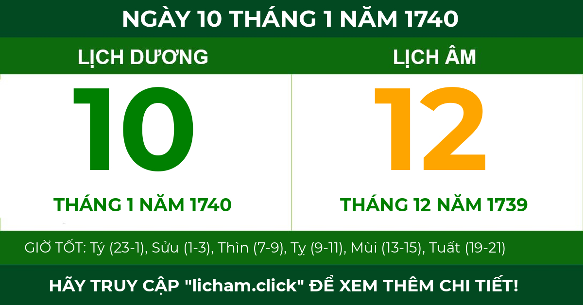lịch âm ngày 10 tháng 1 năm 1740