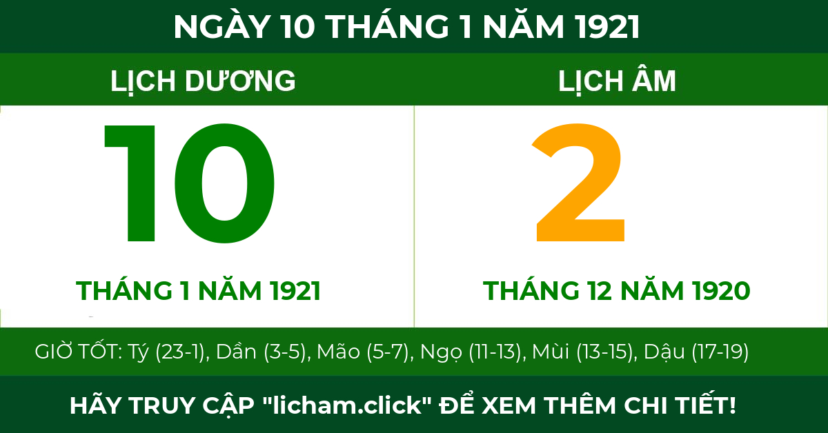 lịch âm ngày 10 tháng 1 năm 1921