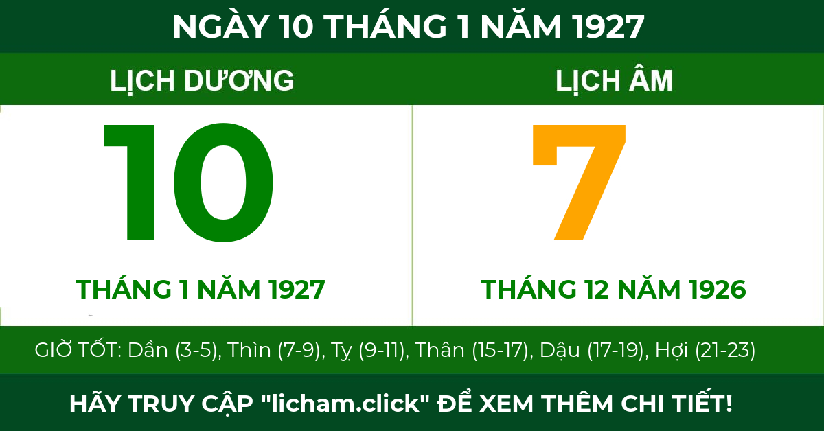 lịch âm ngày 10 tháng 1 năm 1927