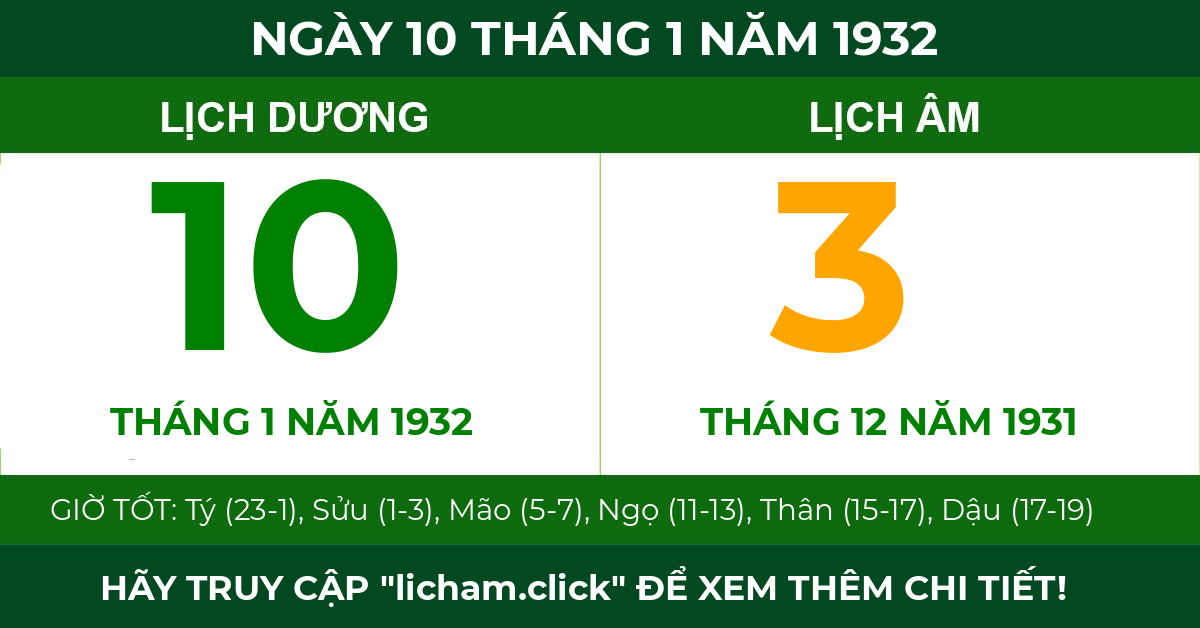 lịch âm ngày 10 tháng 1 năm 1932