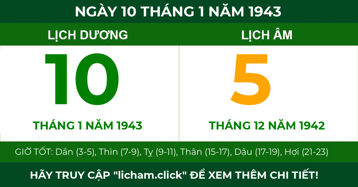 lịch âm ngày 10 tháng 1 năm 1943